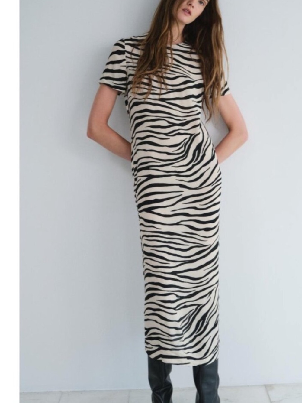 Women's Zebra-Print Short Sleeve Midi Dress - Black & Cream medium